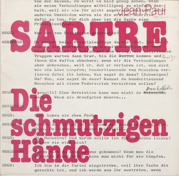 Programmheft DIE SCHMUTZIGEN HÄNDE Jean Paul Sartre Staatstheater Hannover 1978