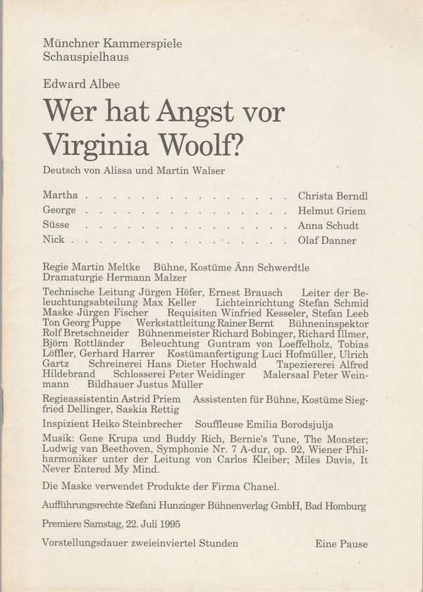 Programmheft Wer hat Angst vor Virginia Woolf ? Münchner Kammerspiele 1995