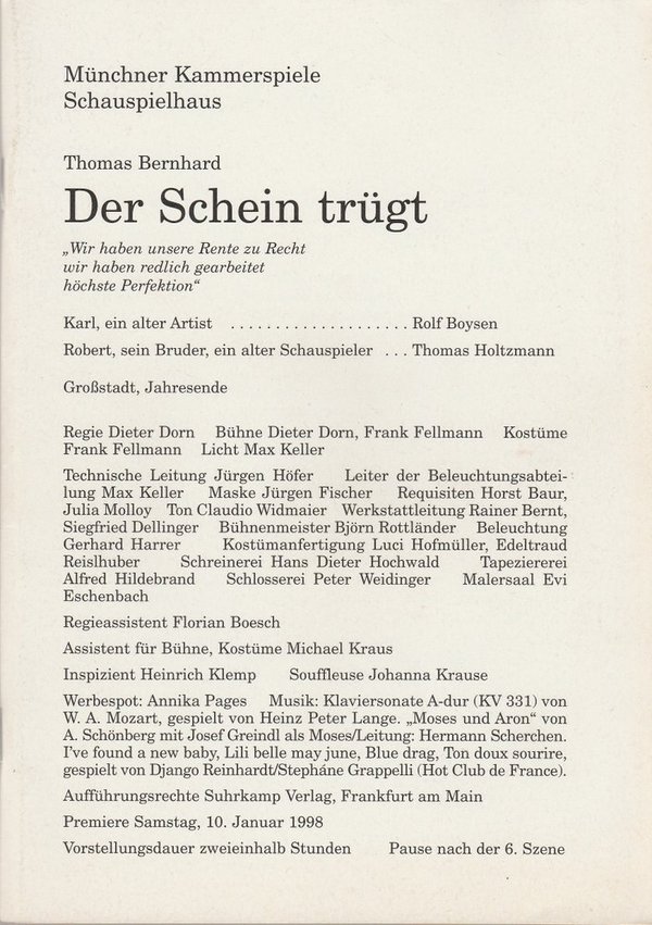 Programmheft DER SCHEIN TRÜGT von Thomas Bernhard Münchner Kammerspiele 1998