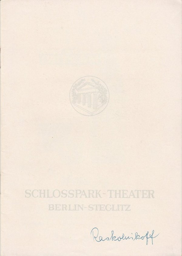 Programmheft Dostojewski, RASKOLNIKOFF Schlosspark-Theater Berlin 1961