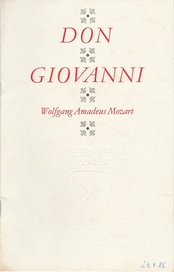 Programmheft  Wolfgang Amadeus Mozart DON GIOVANNI Staatsoper Dresden 1986
