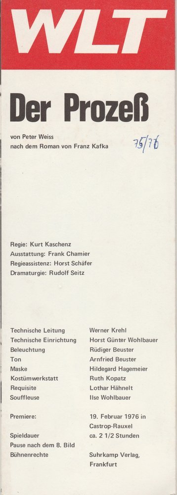Programmheft Franz Kafka DER PROZESS Westfälisches Landestheater WLT 1976