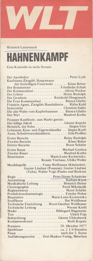 Programmheft Heinrich Lautensack HAHNENKAMPF Westf. Landestheater WLT 1977