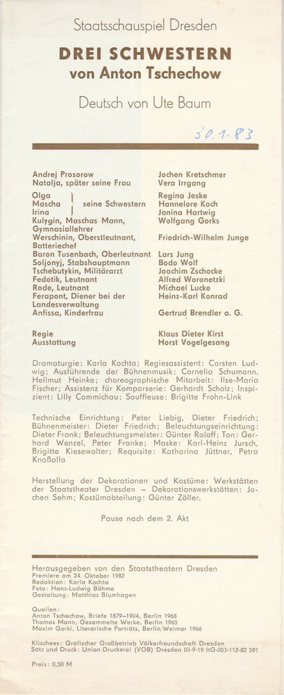 Programmheft Anton Tschechow DREI SCHWESTERN Staatstheater Dresden 1982