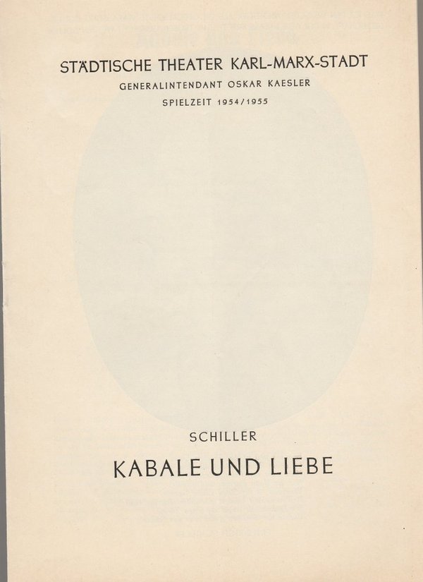 Programmheft Friedrich Schiller KABALE UND LIEBE  Theater Karl-Marx-Stadt 1954