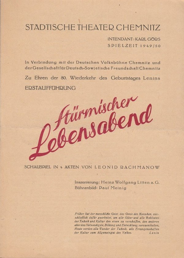 Programmheft L. Rachmanow STÜRMISCHER LEBENSABEND  Theater Chemnitz