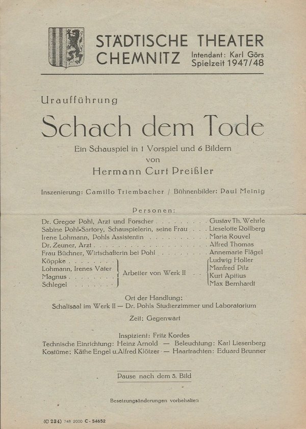 Theaterzettel Urauff. Hermann C. Preißler SCHACH DEM TODE  Theater Chemnitz 1947