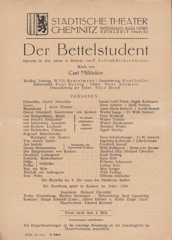 Theaterzettel Carl Millöcker DER BETTELSTUDENT Theater Chemnitz 1949