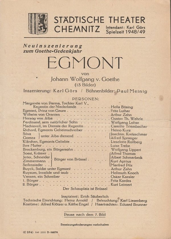 Theaterzettel Johann Wolfgang von Goethe EGMONT Theater Chemnitz 1948