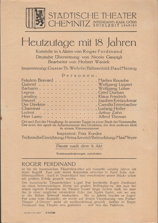 Theaterzettel Roger Ferdinand HEUTZUTAGE MIT 18 JAHREN Theater Chemnitz 1949