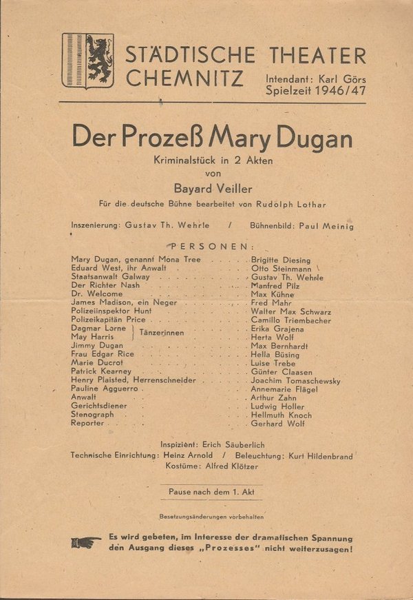 Theaterzettel Bayard Veiller DER PROZEß MARY DUGAN Theater Chemnitz 1946