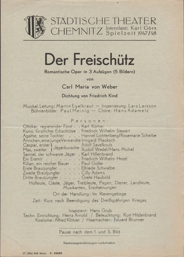 Theaterzettel Carl Maria von Weber DER FREISCHÜTZ Theater Chemnitz 1947