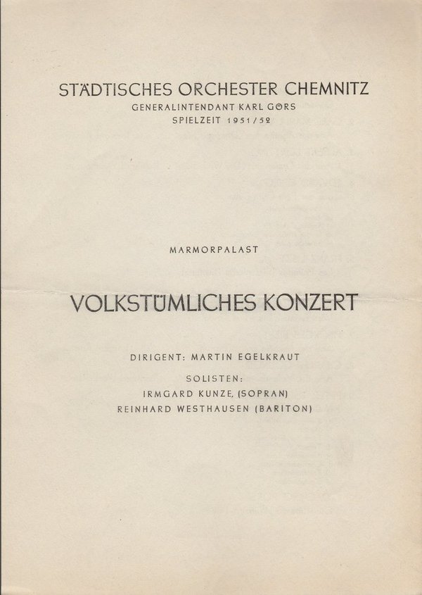 Theaterzettel VOLKSTÜMLICHES KONZERT Städtisches Orchester Chemnitz 1951