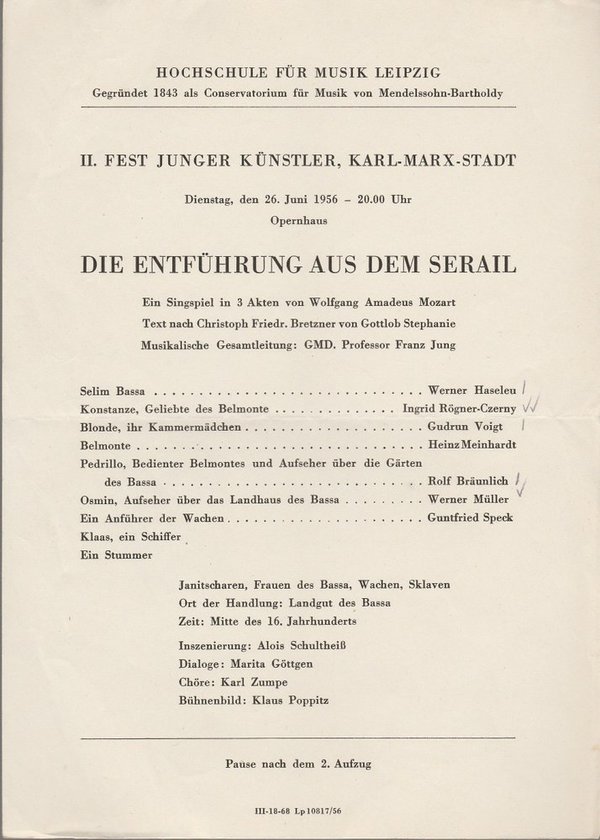 Theaterzettel W. A. Mozart ENTFÜHRUNG AUS DEM SERAIL Hochschule für Musik 1956