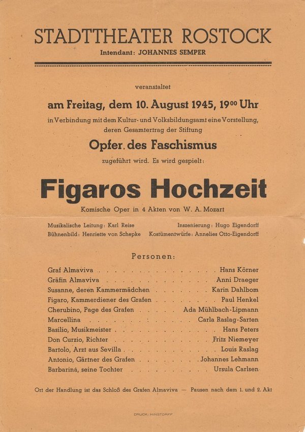 Theaterzettel W. A. Mozart FIGAROS HOCHZEIT Stadttheater Rostock 1945