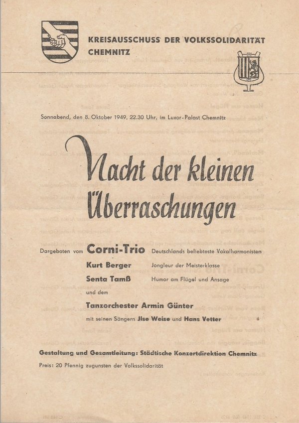 Theaterzettel NACHT DER KLEINEN ÜBERRASCHUNGEN Konzertdirektion Chemnitz 1949