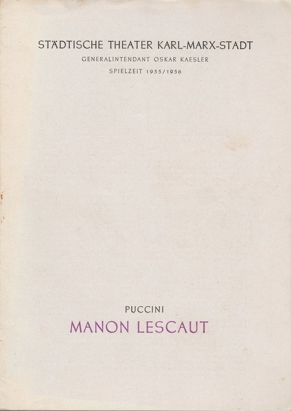 Programmheft Giacomo Puccini MANON LESCAUT Theater Karl-Marx-Stadt 1955