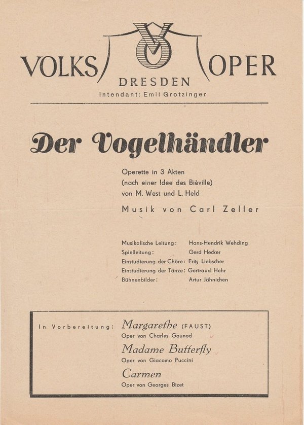 Programmheft Carl Zeller: DER VOGELHÄNDLER Volksoper Dresden 1946