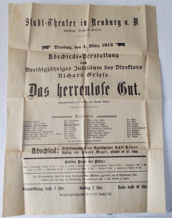 Theateraushang DAS HERRENLOSE GUT Stadt=Theater Neuburg a. Donau 1913