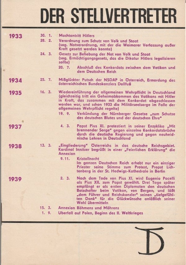 Programmheft Rolf Hochhuth DER STELLVERTRETER Deutsches Theater Berlin 1966