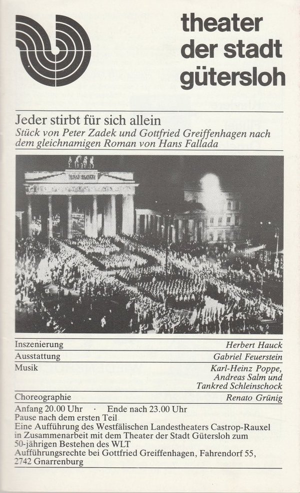 Programmheft Peter Zadek JEDER STIRBT FÜR SICH ALLEIN  Theater Gütersloh 1983