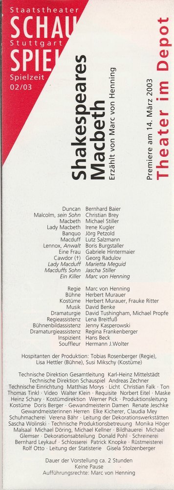 Programmheft Shakespeares MACBETH Staatstheater Stuttgart 2003