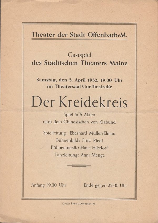 Programmheft Klabund DER KREIDEKREIS Theater Offenbach 1952