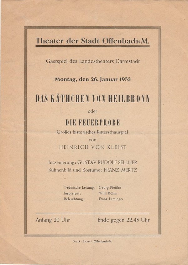 Programmheft H. von Kleist DAS KÄTHCHEN VON HEILBRONN Theater Offenbach 1953
