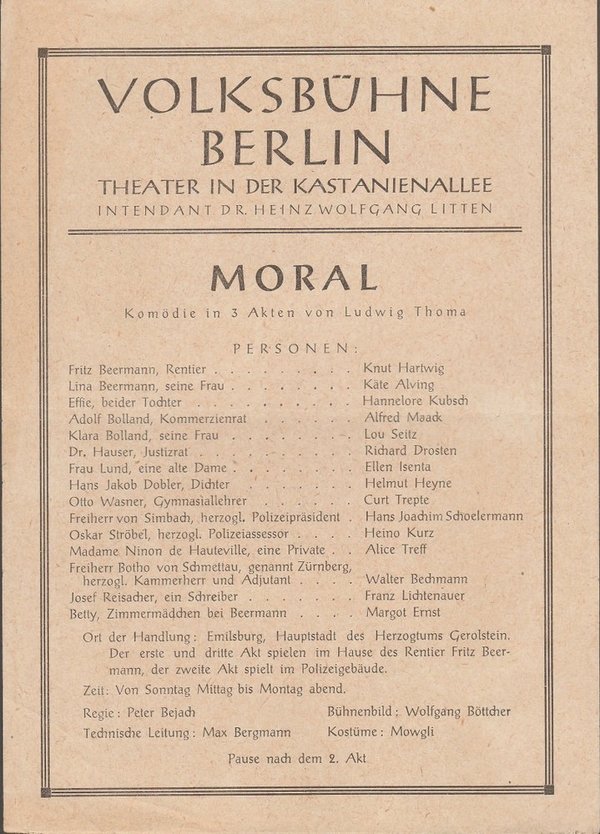Theaterzettel Ludwig Thoma MORAL Volksbühne Berlin 1948