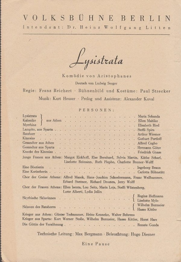 Programmheft Aristophanes LYSISTRATA Volksbühne Berlin 1950