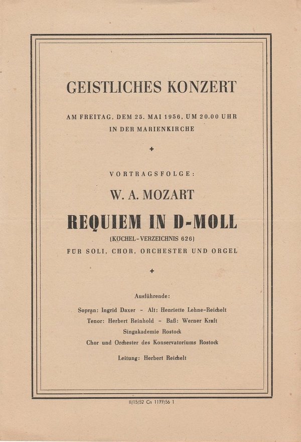 Programmheft W. A. Mozart REQUIEM IN D-MOL Marienkirche 1956