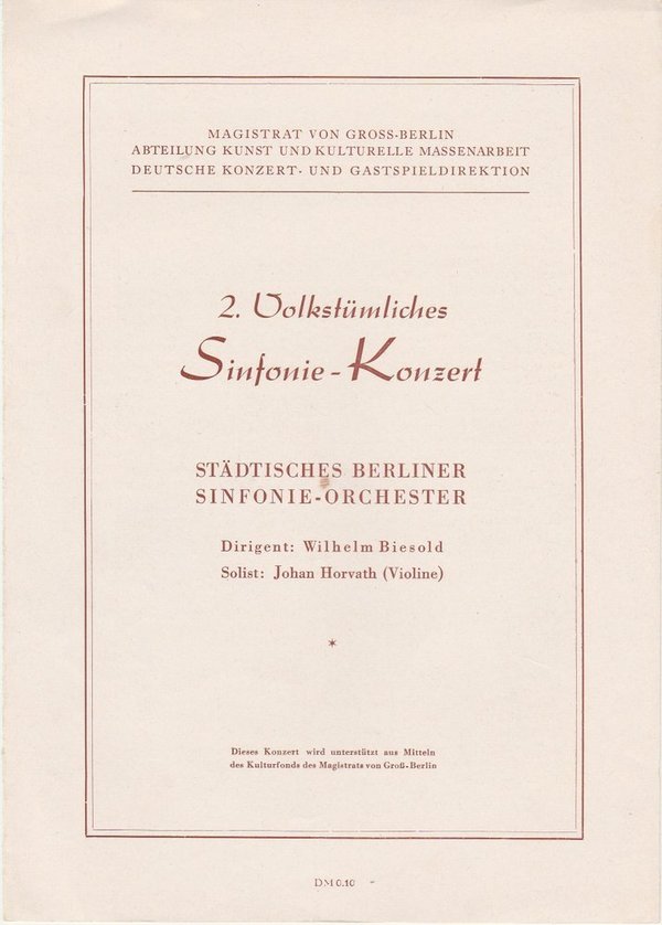 Programmheft STÄDT. BERL. SINFONIE- ORCH. 2. VOLKSTÜML. SINFONIE-KONZERT ca 1953