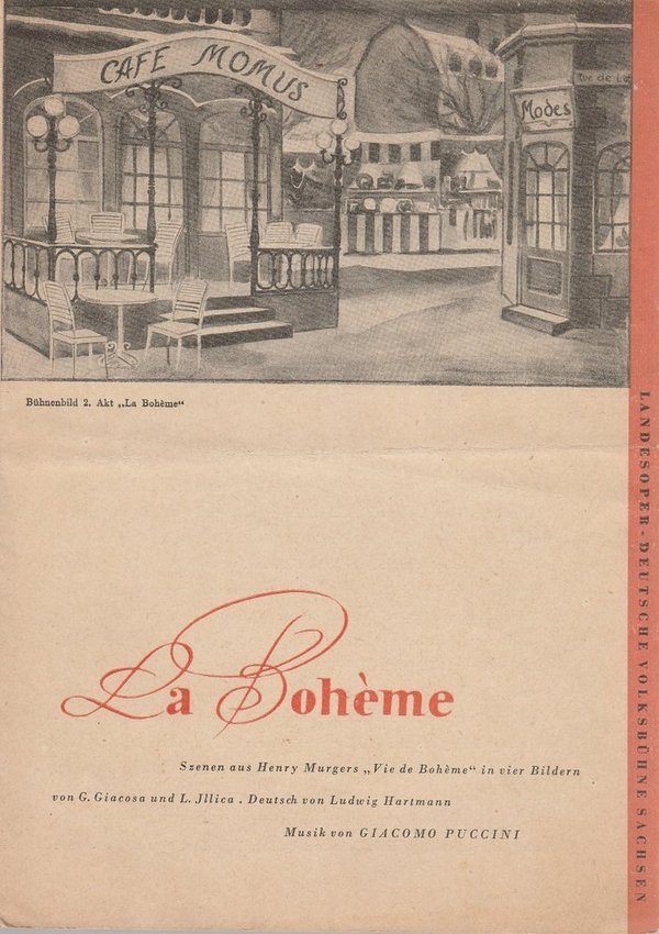 Programmheft Giacomo Puccini LA BOHEME Landesoper Sachsen 1950