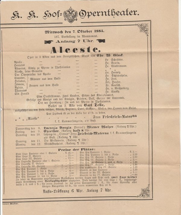 Theaterzettel Christoph Willibald Gluck ALCESTE K. K. Hof = Operntheater 1885