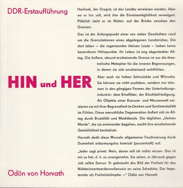 Programmheft Ödön von Horvath HIN UND HER DDR-Erstaufführung 1988