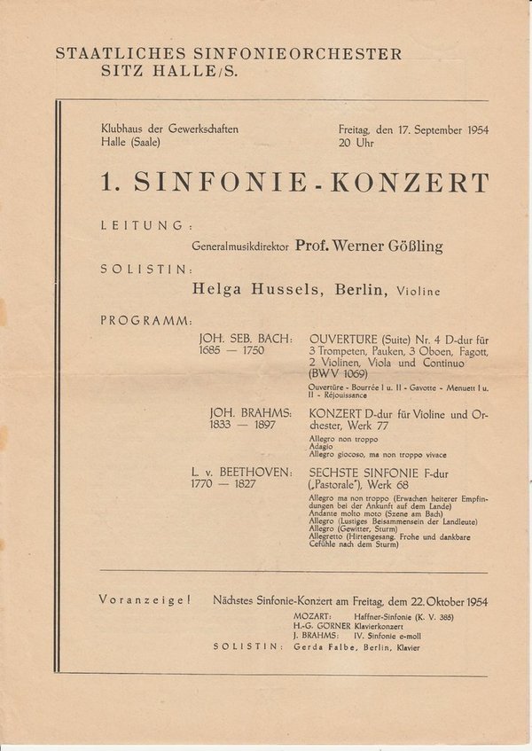 1. Sinfonie - Konzert 17. September 1954 Klubhaus der Gewerkschaften Halle
