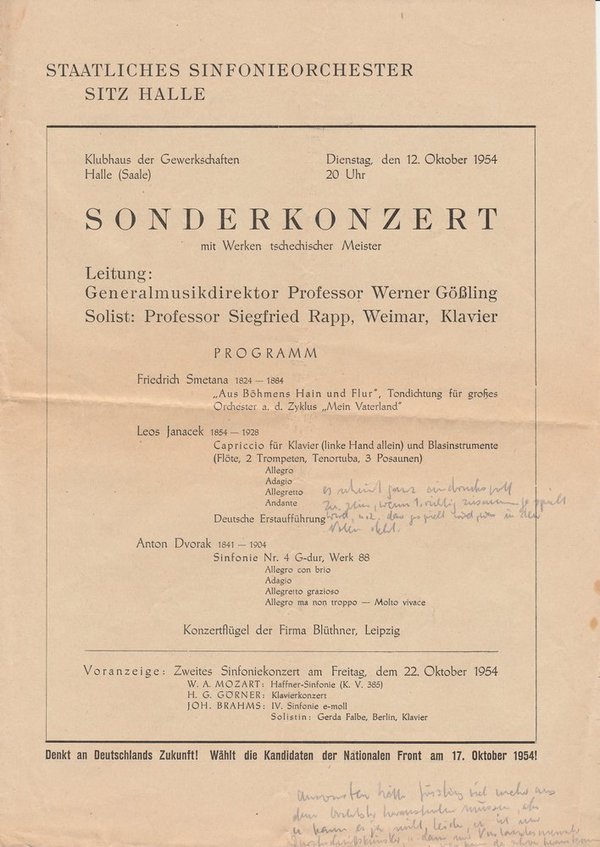 Programmheft SONDERKONZERT mit Werken tschechischer Meister Halle ( Saale ) 1954