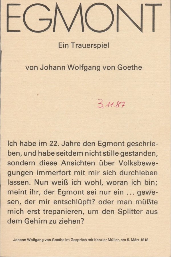 Programmheft Johann Wolfgang von Goethe EGMONT Deutsches Theater Berlin 1986