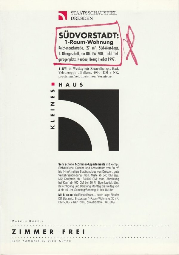Programmheft Markus Köbeli ZIMMER FREI Staatsschauspiel Dresden 1996