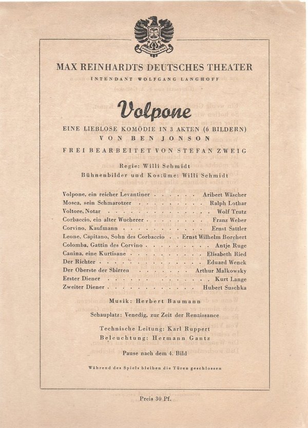Theaterzettel Jonson / Zweig VOLPONE Max Reinhardts Deutsches Theater 1948