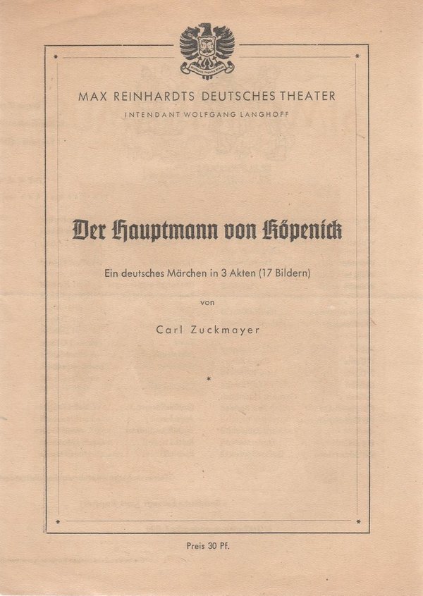 Programmheft DER HAUPTMANN VON KÖPENICK Max Reinhardts Deutsches Theater 1947