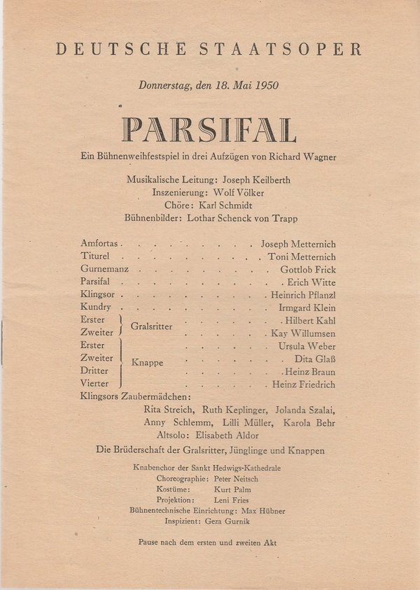 Programmheft Richard Wagner PARSIFAL Deutsche Staatsoper 1950
