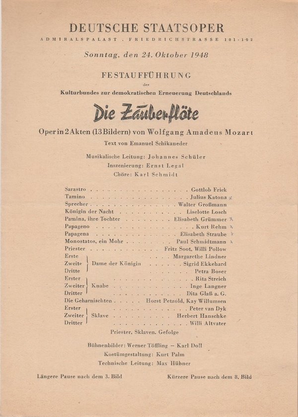 Theaterzettel W. A. Mozart DIE ZAUBERFLÖTE Admiralspalast 1948