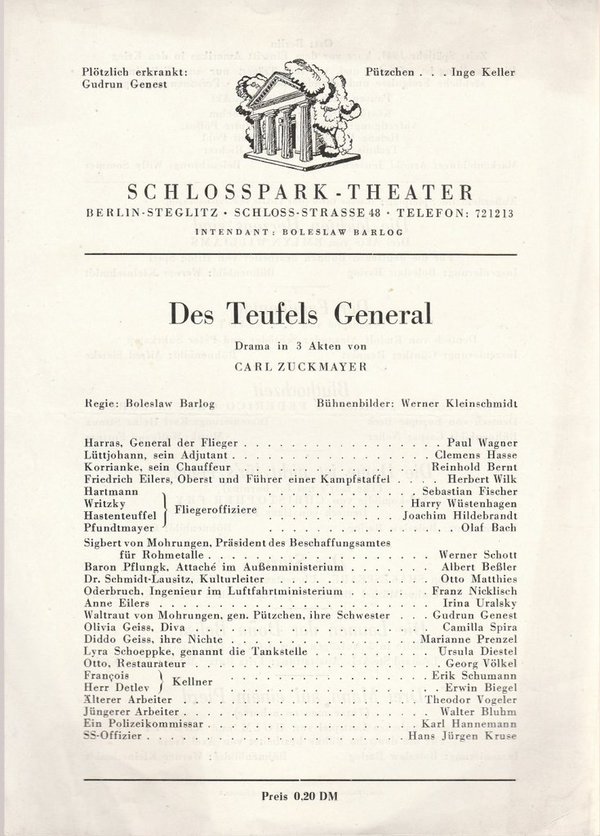 Theaterzettel C. Zuckmayer DES TEUFELS GENERAL Schloßpark-Theater 1948