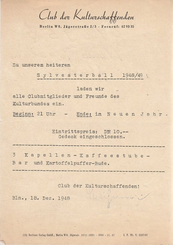 Einladungszettel CLUB DER KULTURSCHAFFENDEN SYLVESTERBALL 1948 / 49