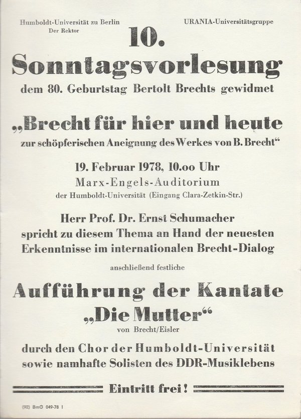 10. SONNTAGSVORLESUNG BRECHT FÜR HIER UND HEUTE Humboldt-Universität 1978