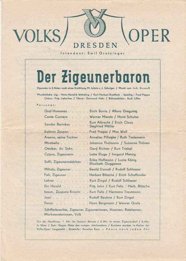 Theaterzettel Johann Strauß DER ZIGEUNERBARON Volksoper Dresden 1947