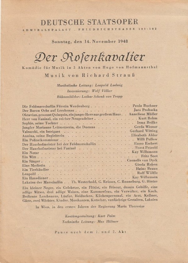 Theaterzettel Richard Strauß DER ROSENKAVALIER Deutsche Staatsoper 1948