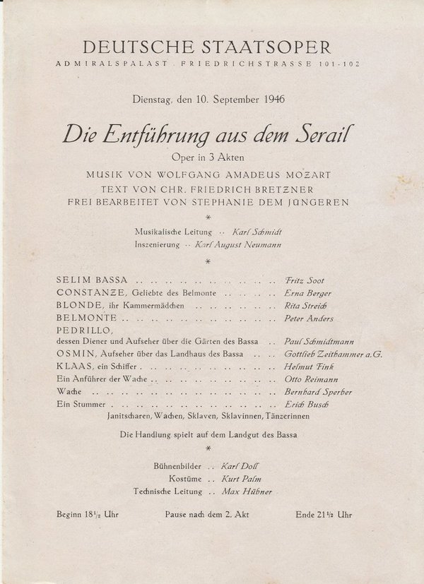 Theaterzettel W. A. Mozart ENTFÜHRUNG AUS DEM SERAIL Deutsche Staatsoper 1946