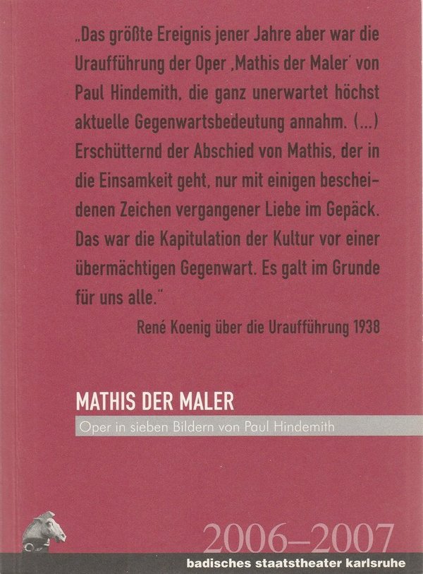 Programmheft Paul Hindemith MATHIS DER MALER Staatstheater Karlsruhe 2007